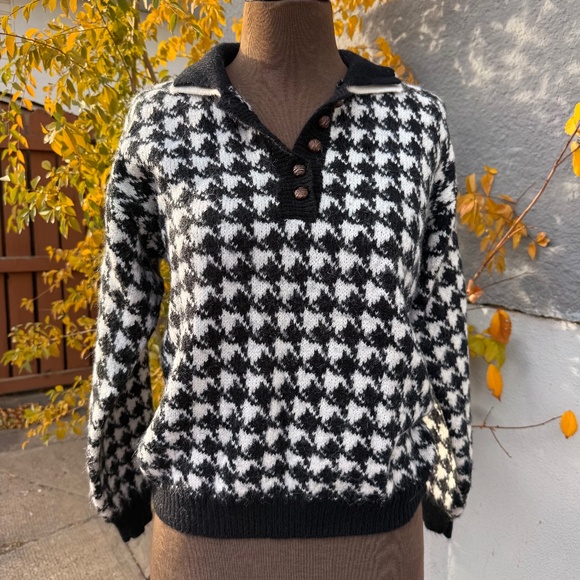 Vintage 80s Black & white houndstooth polo sweater - Picture 1 of 8